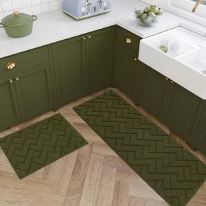 hicorfe Kitchen Rugs and Mats Sets,2 Pieces Super Absorbent Polypropylene Non-Slip Rug,Soft Comfort Floor Mat,Washable for Kitchen,Hallway,Office,Sink,Laundry(20″ x 31.5″ Plus 20″ x 48″,Oliver Green