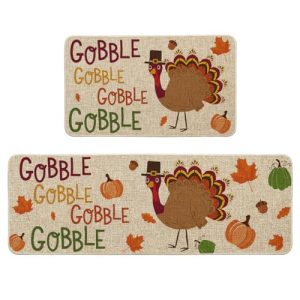 Artoid Mode Gobble Turkey Pumpkin Thanksgiving Decorative Kitchen Mats Set of 2, Fall Home Low-Profile Floor Kitchen Rugs-17×29 and 17×47 Inch