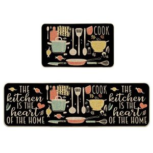 Artoid Mode Balck The Kitchen is The Heart of The Home Kitchen Mats Set of 2, Cooking Sets Party Low-Profile Floor Mat for Home Kitchen – 17×29 and 17×59 Inch