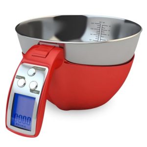 Fradel Digital Kitchen Food Scale & Mixing Bowl – Measuring Cup Scale In Grams & Ounces For Cooking, Baking, Diet, Gifting – Stainless Steel, Dishwasher-Safe Removable Bowl – 11lb Capacity – Red