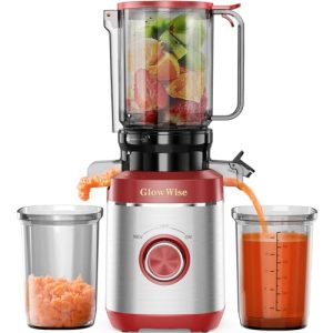 GlowWise Juicer Machines with Built-in Blades for Slicing Whole Fruits & Vegetables, Cold Press Juicer with 4.35″ Large Feeding Chute, Easy to Clean, Quiet Masticating Juicer with High Juice Yield