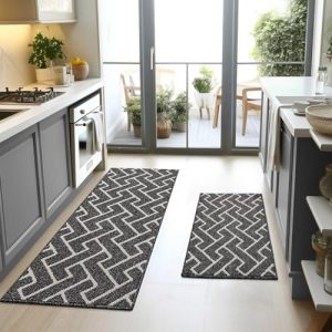 hicorfe Kitchen Rugs and Mats Sets,2 Pieces Super Absorbent Polypropylene Non-Slip Rug,Soft Comfort Floor Mat,Machine Washable Kitchen,Hallway,Office,Sink,Laundry（20″ x 31.5″ Plus 20″ x 48″,Black）