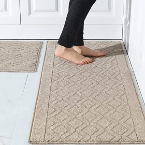 COSY HOMEER 48×20 Inch/30X20 Inch Kitchen Rug Mats Made of 100% Polypropylene 2 Pieces Soft Kitchen Mat Specialized in Anti Slippery and Machine Washable for Home Kitchen,Beige