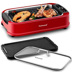 Techwood Indoor Smokeless Grill, 1500W Electric BBQ Grill and Non-Stick Grill Plates with Temperature Control, Removable Drip Tray, Tempered Glass Lid, Red