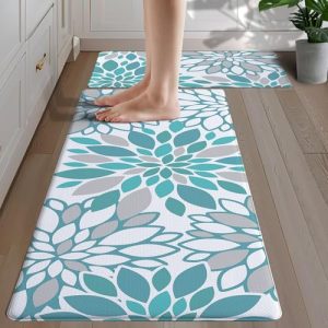 cusugbaso Anti Fatigue Kitchen Mats, Cushioned Boho Farmhouse Kitchen Rugs Set of 2 – Teal Bohemian Kitchen Decor – Non Slip PVC Comfort Runners for Kitchen Floor,Office 17.3″ x28+17.3″x47.3″