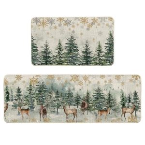 Artoid Mode Xmas Trees Deer Snowflakes Christmas Kitchen Mats Set of 2, Winter Home Decor Low-Profile Kitchen Rugs for Floor – 17×29 and 17×47 Inch