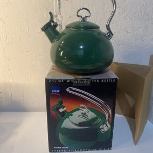 NEW EKCO TEA KETTLES Style Enamel on Steel Royal Green Whistling 2.5 Qt Ekco VTG