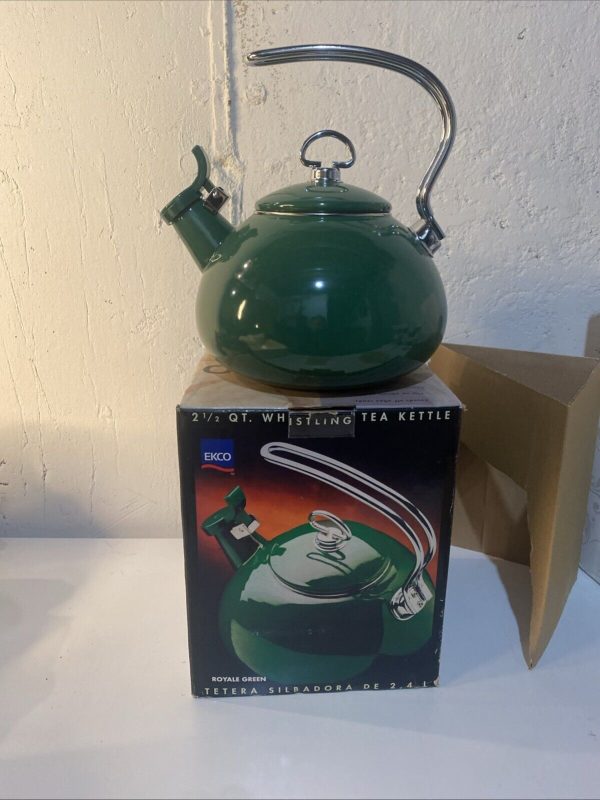 NEW EKCO TEA KETTLES Style Enamel on Steel Royal Green Whistling 2.5 Qt Ekco VTG