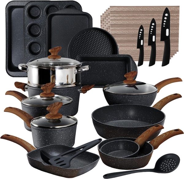 30 Piece Cookware Set Pots and Pans Set Kitchen Granite Non Stick Bakeware Set