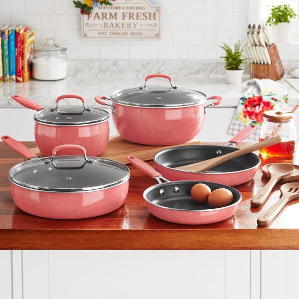 The Pioneer Woman Pots and Pans Set Nonstick, 12pcs Kitchen Cookware Sets, Coral