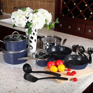 15 Piece Hammered Cookware Set Nonstick Granite Coated Pots and Pans Set Blue