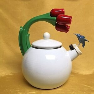 1995 Via Ancana Enamel Whistling Teapot Kettle Blue Hummingbird Red Tulips