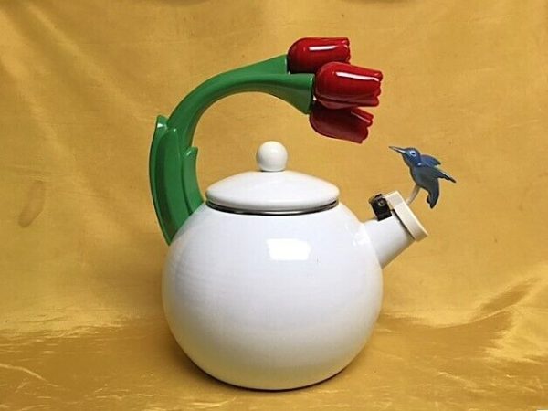 1995 Via Ancana Enamel Whistling Teapot Kettle Blue Hummingbird Red Tulips