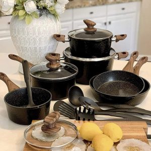 15 Piece Hammered Cookware Set Nonstick Granite Coated Pots and Pans Set