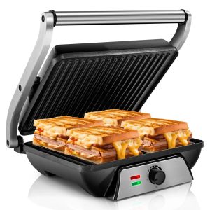 SUSTEAS 3-in-1 Electric Panini Grill Non-Stick Plates 180° Open Floating Hinge