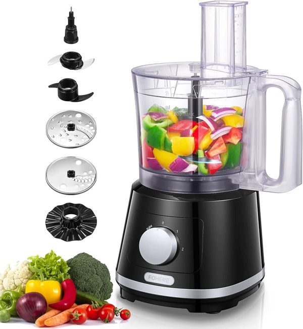 FOHERE 8 Cup Food Processor, with 5 Attachments / Blades and 2 Speeds & Pulse