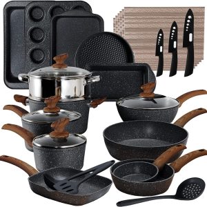 30 Pieces Cookware Set Nonstick Granite Coated Pots and Pans Set Bakeware Set US