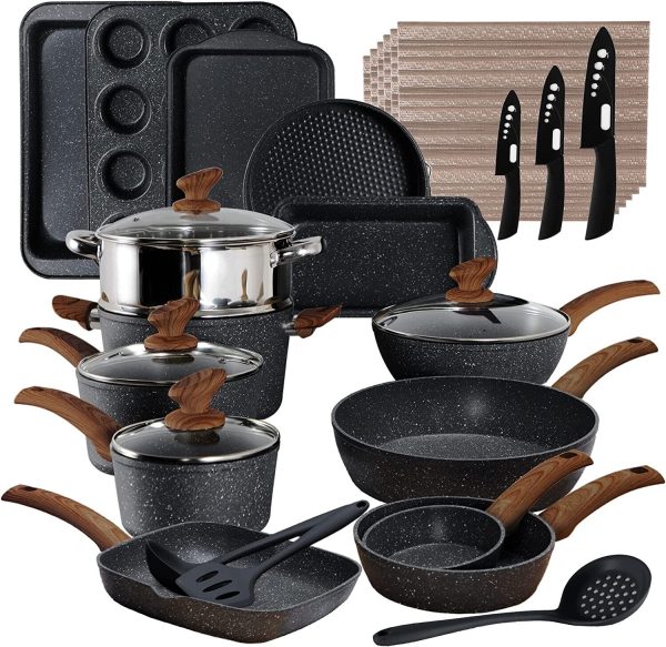 30 Pieces Cookware Set Nonstick Granite Coated Pots and Pans Set Bakeware Set US