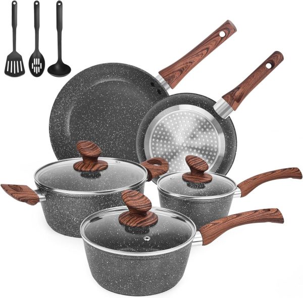 Granite Pots and Pans Set Ultra Nonstick, 11 Piece Die-Cast Cookware Sets