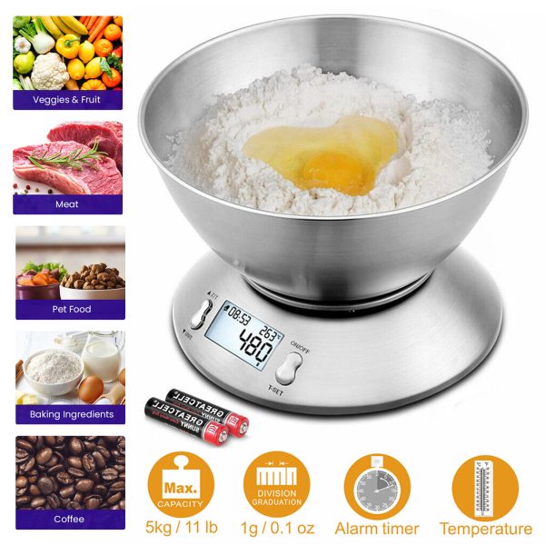 Digital Kitchen Scale With Removable Bowl Electronic Stainless Steel Food Scale