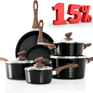 Induction Cookware Sets 15 Pcs Black Hammered Granite Cooking Pots and Pans Set