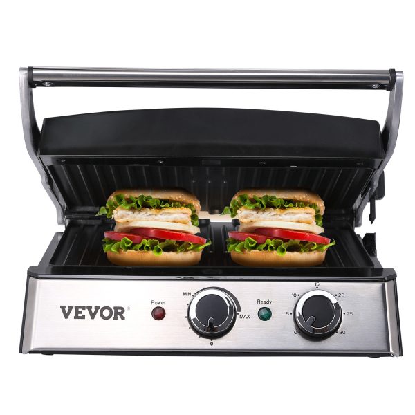 VEVOR 9-Serving 14.5″ Panini Press Grill Griddle Sandwich Maker 180°Double Sided