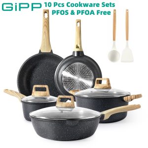 GiPP Nonstick Pots and Pans Set 10 Pcs Granite Kitchen Cookware Sets PFOA Free