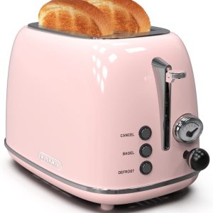 Toaster 2 Slice Retro Stainless Steel 6 Settings 1.5 in Extra Wide Slots Pink