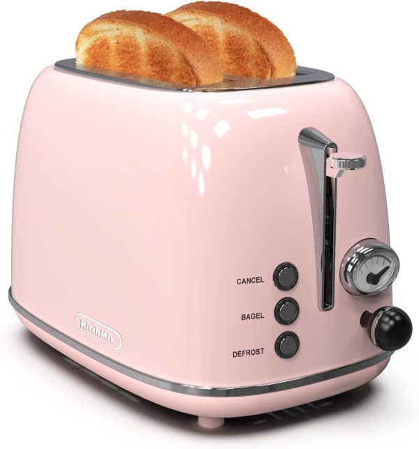 Toaster 2 Slice Retro Stainless Steel 6 Settings 1.5 in Extra Wide Slots Pink