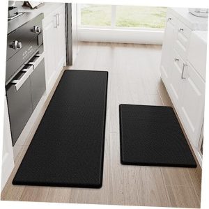 Kitchen Mats, 2PCS Kitchen Rugs, Cushioned 17.3″×30″+17.3″×47″-0.4inch Black