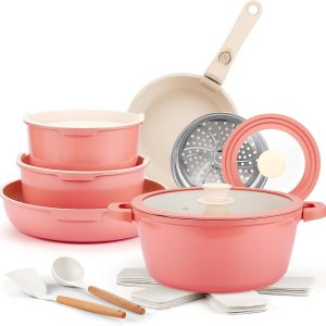 US Shipping，Pink Nonstick Ceramic Cookware Set, 19 Piece Nonstick Cookware Set