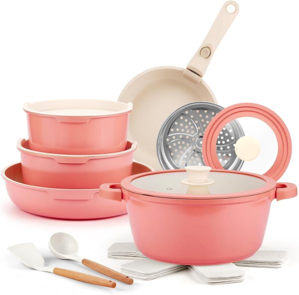 US Shipping，Pink Nonstick Ceramic Cookware Set, 19 Piece Nonstick Cookware Set