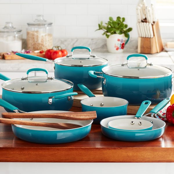 The Pioneer Woman Pots|Pans Set Nonstick 12pcs Ceramic Cookware Sets Ombre Teal