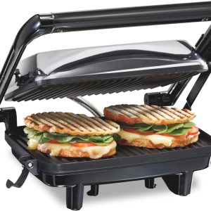 Panini Press Sandwich Maker & Indoor Grill Locking Lid Nonstick 8″ x 10″ Chrome