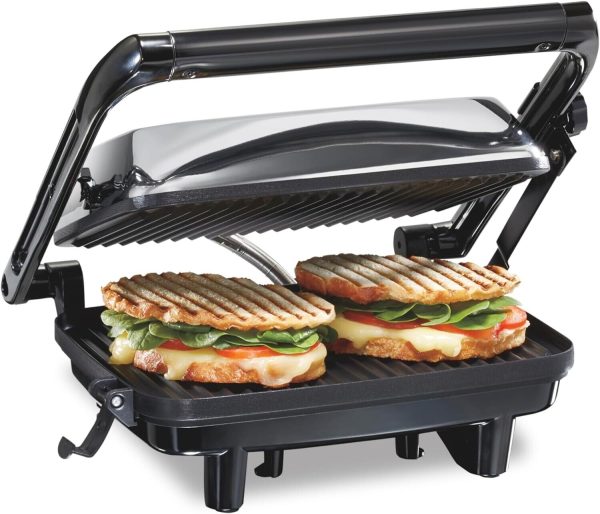 Panini Press Sandwich Maker & Indoor Grill Locking Lid Nonstick 8″ x 10″ Chrome