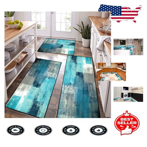 Elegant 3PCS Kitchen Mat Set in Turquoise – Stain-Resistant & Non-Slip Designs