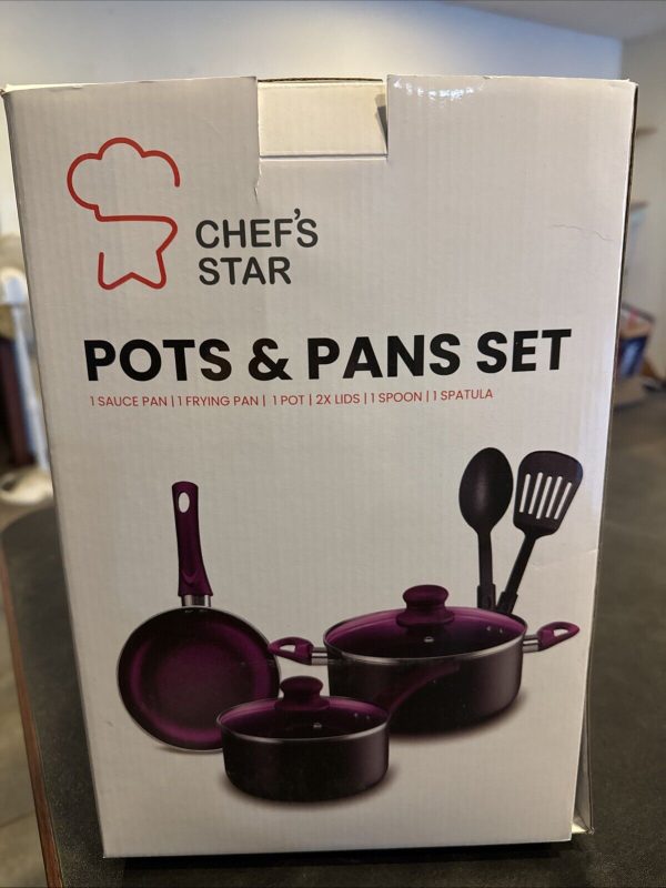 Chef’s Star Pots and Pans Set Nonstick Kitchen Cookware Sets, 7 Pieces Purple