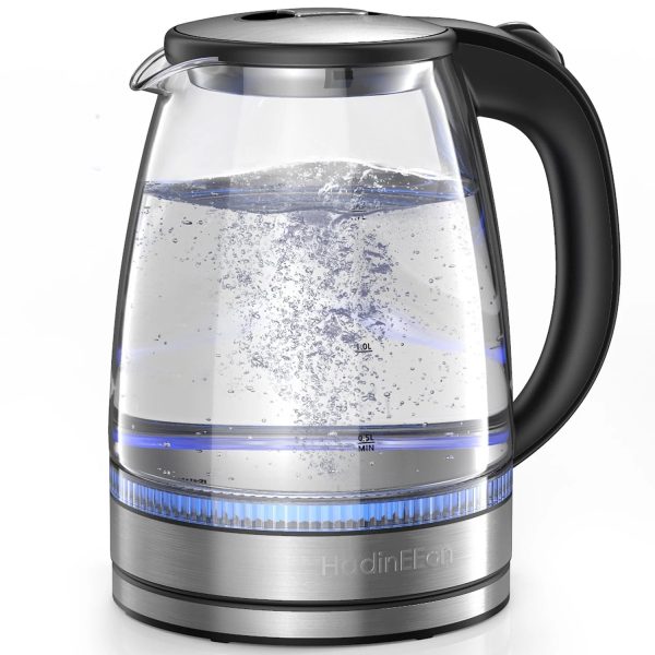 HadinEEon Electric Glass Kettle 1.7L Fast Boiler w/ Blue LED Light, Silver