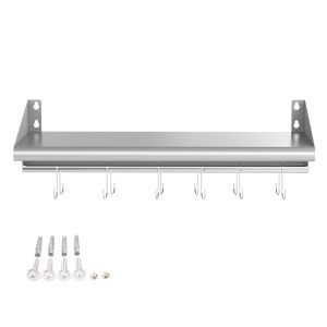 Skyflame 12″ x 36″ Wall Shelf with 6 Hanging Hooks for Storage, Stainless Ste…