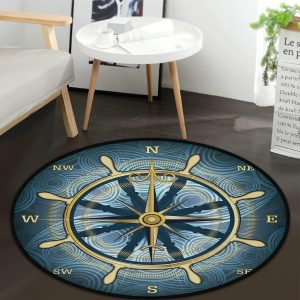 Blue Compass Rose Rug Non-Slip The Compass Rose Round Area Rug for Bedroom Li…