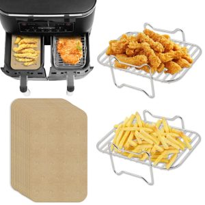 2x Stainless Steel Square Air Fryer Rack Air Fryer Grill Rack + Air Fryer Paper