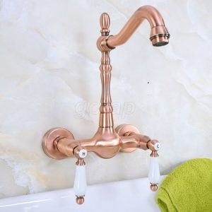 Red Copper  Double Handle Wall Mount Bathroom Kitchen Mixers Hot and Cold Tap