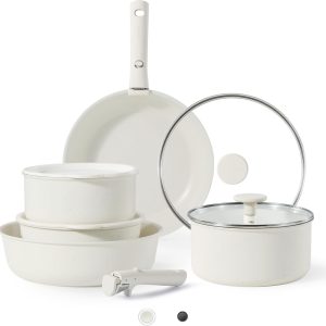 11-Piece Nonstick Cookware Set with Detachable Handle, Cream White