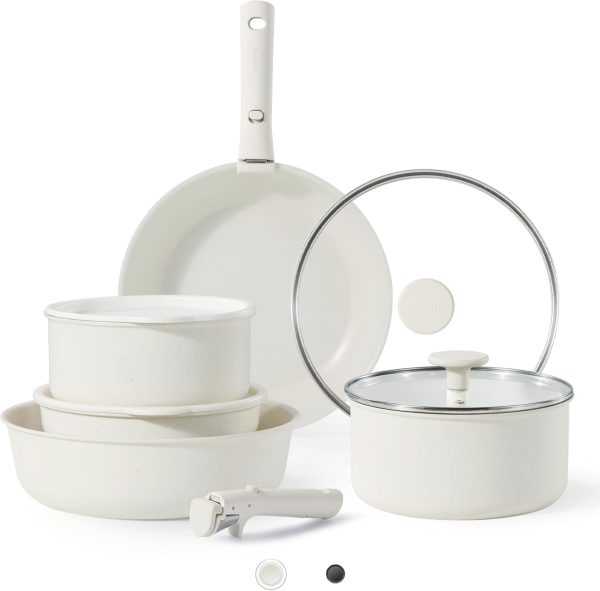 11-Piece Nonstick Cookware Set with Detachable Handle, Cream White