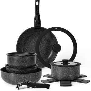 2025 New！15Pcs Pots and Pans Set Non Stick, Cookware Sets with Detachable Handle