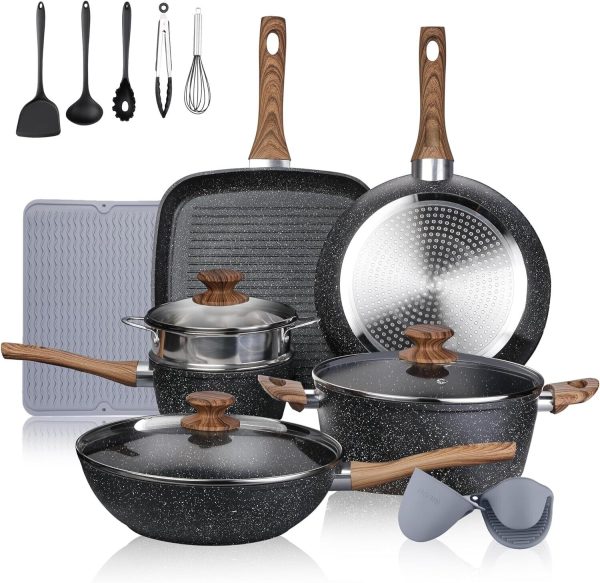 Leetaltree Nonstick Cookware Sets – 16 Pieces Pots and Pans with Utensils and St