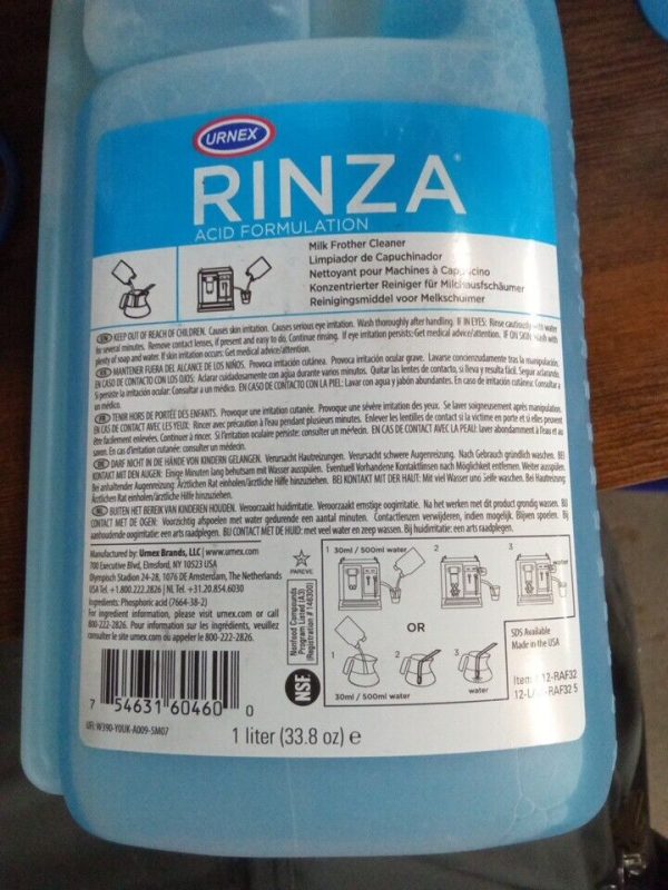 Urnex Rinza Alkaline Formula Milk Frother Cleaner, 33.6oz 1 Liter 695kb