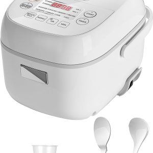 Compact 3-Cup Rice Cooker with Fuzzy Logic, Steamer, and Delay Timer, White