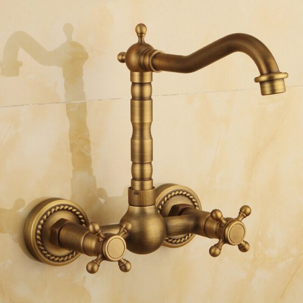 Antique Brass Double Handle Wall Mount Bathroom Kitchen Mixers Hot and Cold Tap