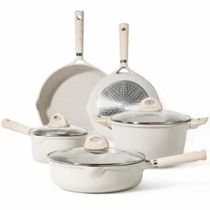 Nonstick Pots and Pans, 8 Pcs Induction Kitchen Cookware Sets (Beige Granite)